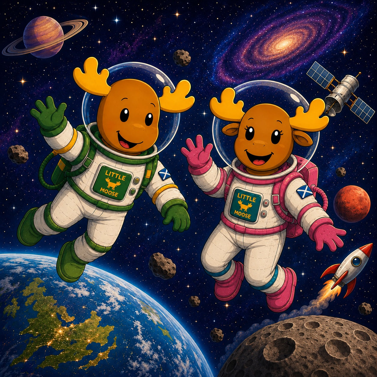 Mac and Macy moose as astronauts in space.