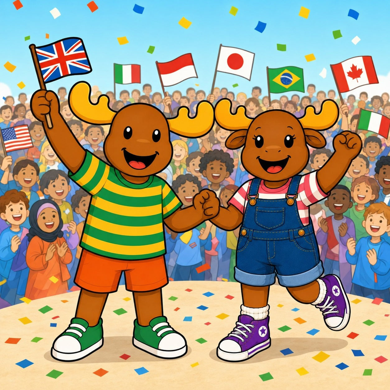 Mac and Macy the Moose celebrating a global event with flags and a crowd
