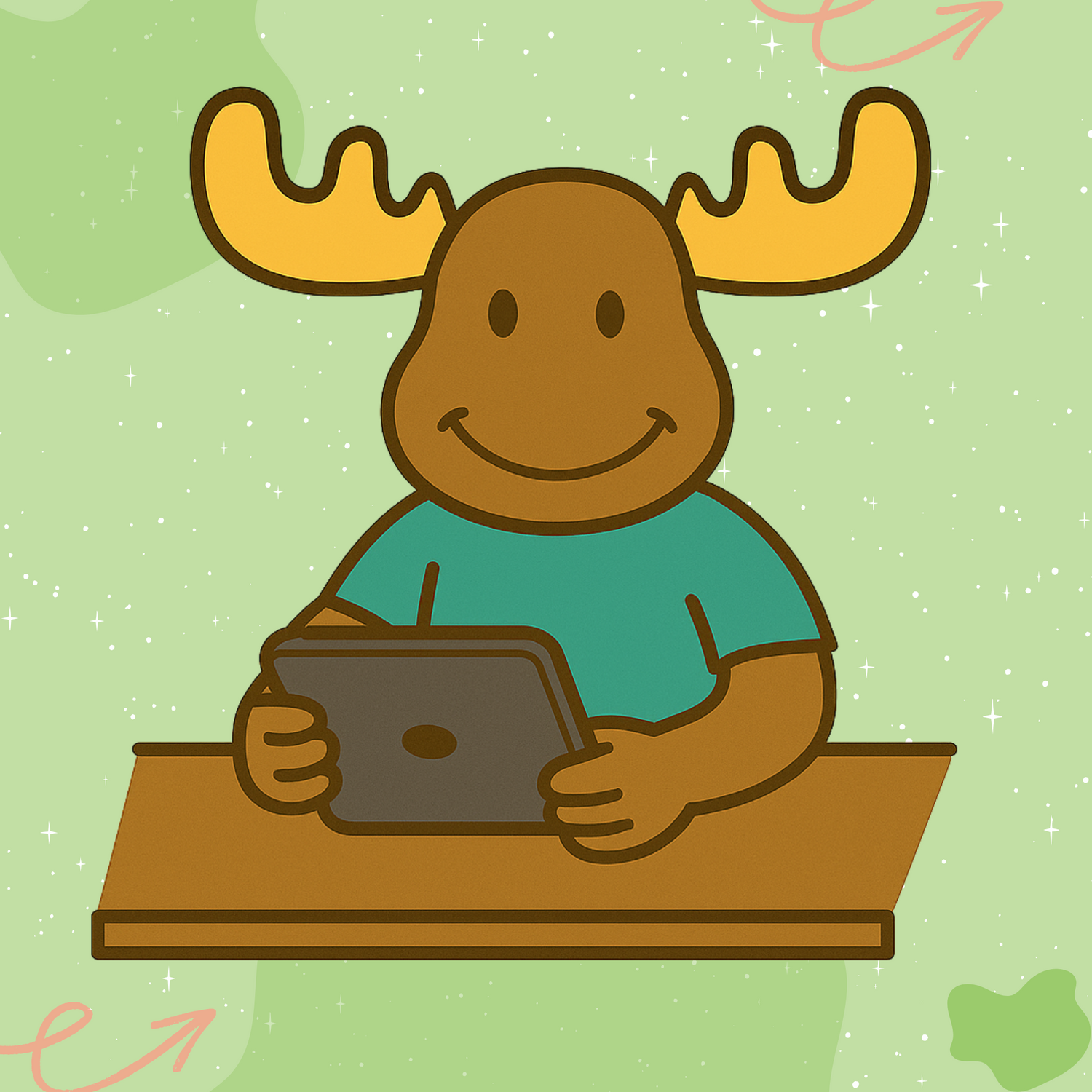 Illustration of Mac the Moose sitting at a desk using a tablet, on a green background with star details — used for the Contact Us page.