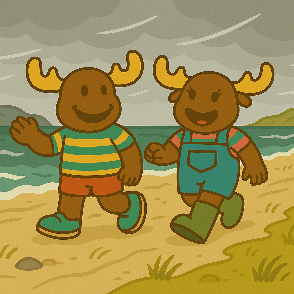 Mac and Macy Moose mascots walking together along a stormy Scottish beach, educational characters from Little Moose Education featured in digital topic packs.