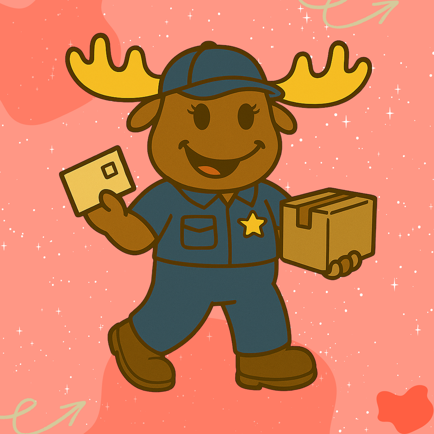 Cartoon moose character wearing a mail delivery uniform and carrying letters, used to represent email updates