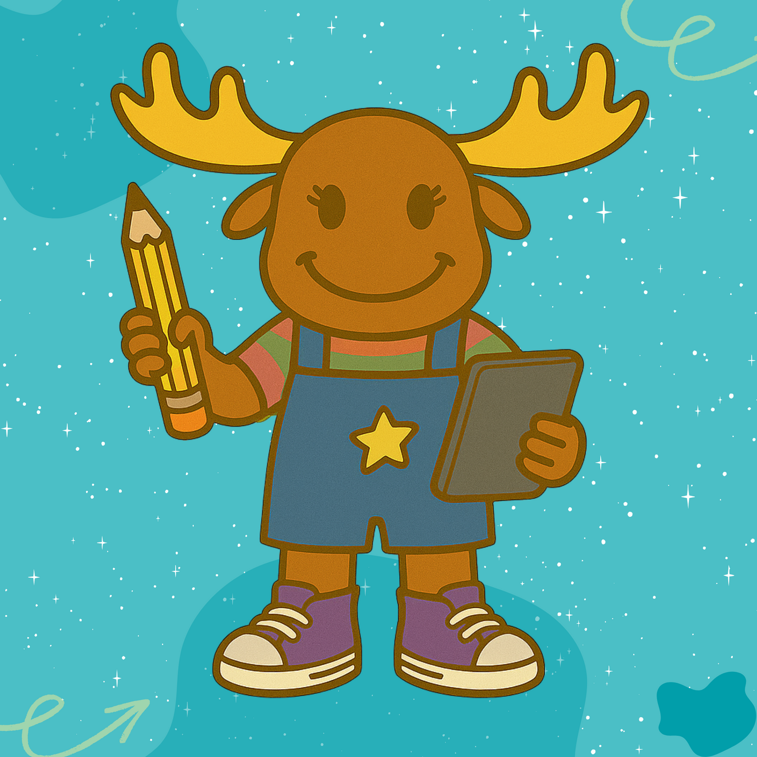 Macy the moose holding a pencil and tablet, standing against a teal background with stars and playful squiggles.