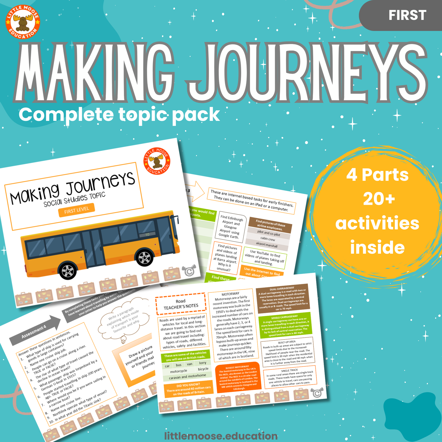 Making Journeys complete digital topic pack for Social Studies at First Level, Curriculum for Excellence geography education resource, with illustrated cover design and sample activity pages showing activities, teacher’s notes, assessments, and extension tasks.