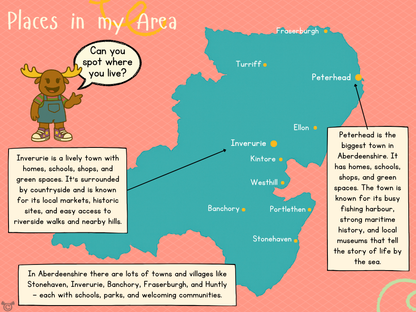Map of Aberdeenshire from My Area – Aberdeenshire  Social Studies pack, First Level