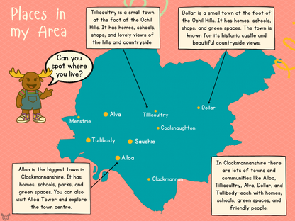 Map of Clackmannanshire from My Area – North Lanarkshire Social Studies pack, First Level