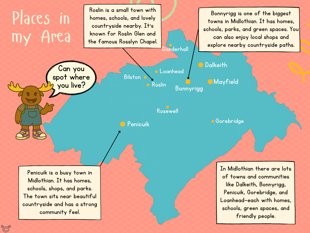 Map of Midlothian from My Area – Midlothian Social Studies pack, First Level