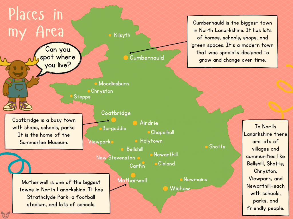 Map of North Lanarkshire from My Area – North Lanarkshire Social Studies pack, First Level