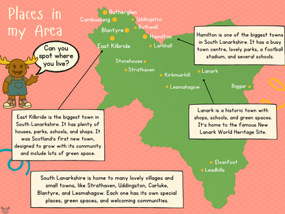 Map of South Lanarkshire from My Area – South Lanarkshire Social Studies pack, First Level