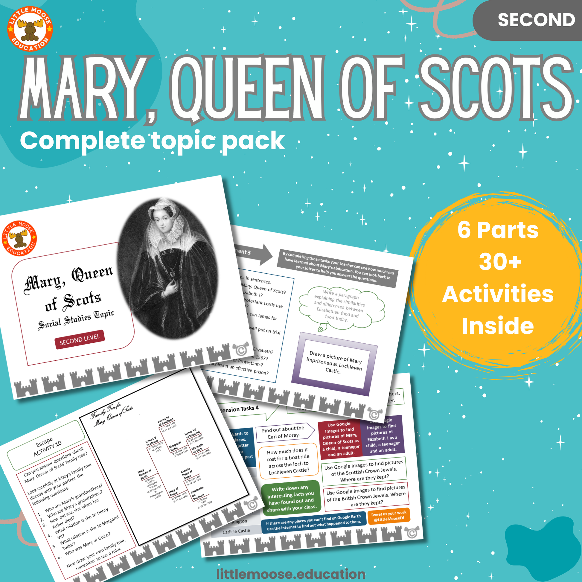 Mary, Queen of Scots complete digital topic pack for Social Studies at Second Level, Curriculum for Excellence history education resource, with illustrated cover design and sample activity pages showing activities, teacher’s notes, assessments, and extension tasks.