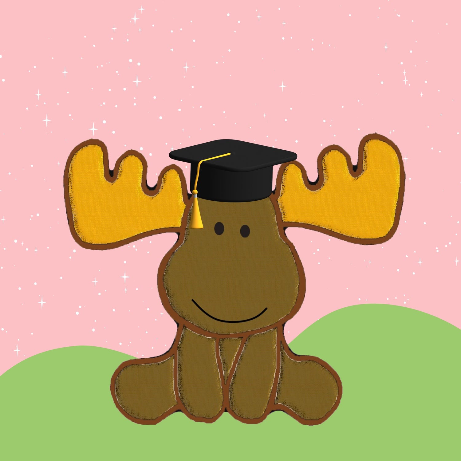 A cartoon moose wearing a black graduation cap with a yellow tassel, set against a pink starry background with green hills at the bottom.