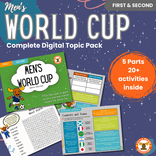 Men's World Cup complete digital topic pack for Social Studies at Second Level, Curriculum for Excellence environment education resource, with illustrated cover design and sample activity pages showing activities, teacher’s notes, assessments, and extension tasks.