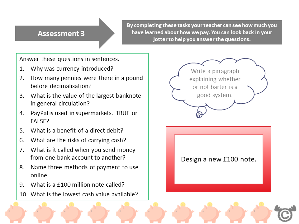 Assessment task from Money, Money, Money Social Studies pack, Second Level