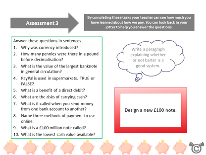 Assessment task from Money, Money, Money Social Studies pack, Second Level