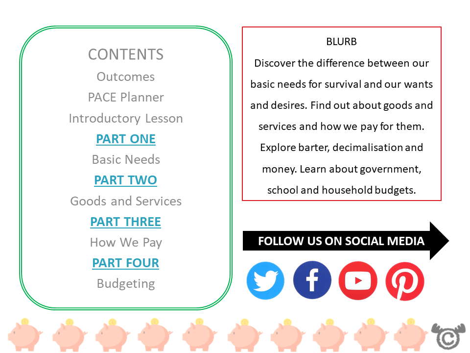 Contents page from Money, Money, Money Social Studies pack at Second Level