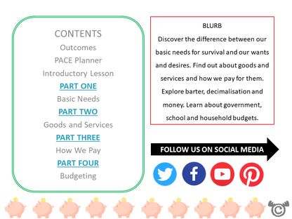 Contents page from Money, Money, Money Social Studies pack at Second Level