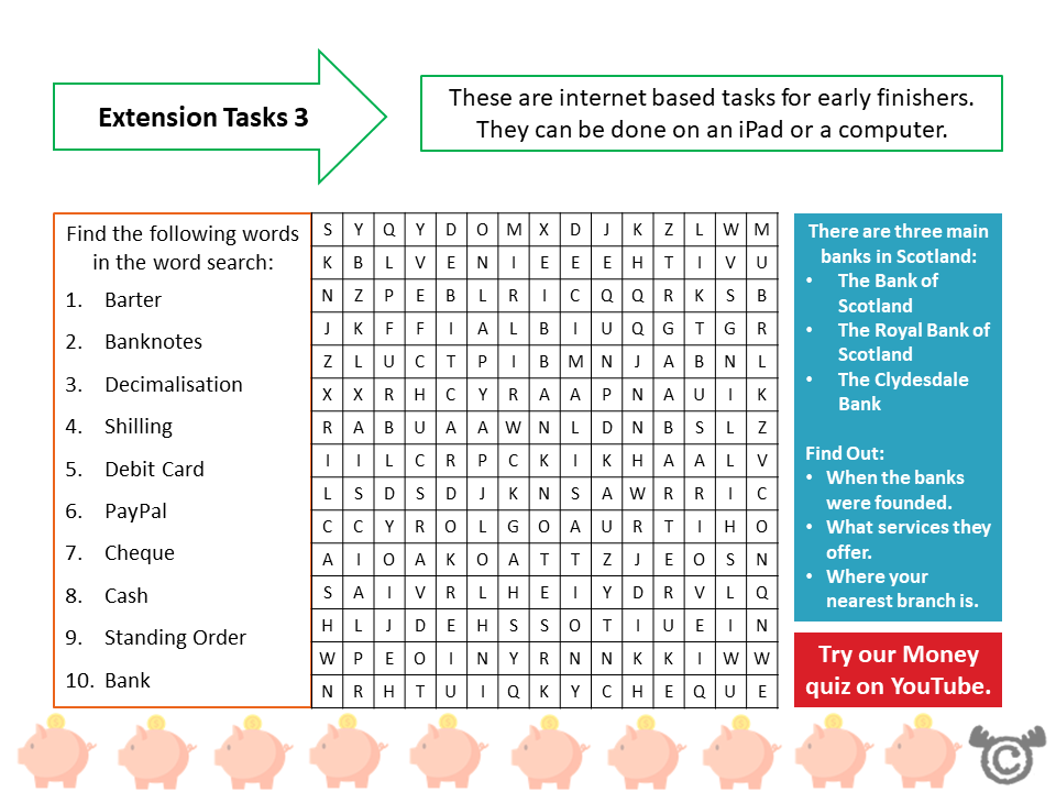Extension tasks from Money, Money, Money Social Studies pack, Second Level