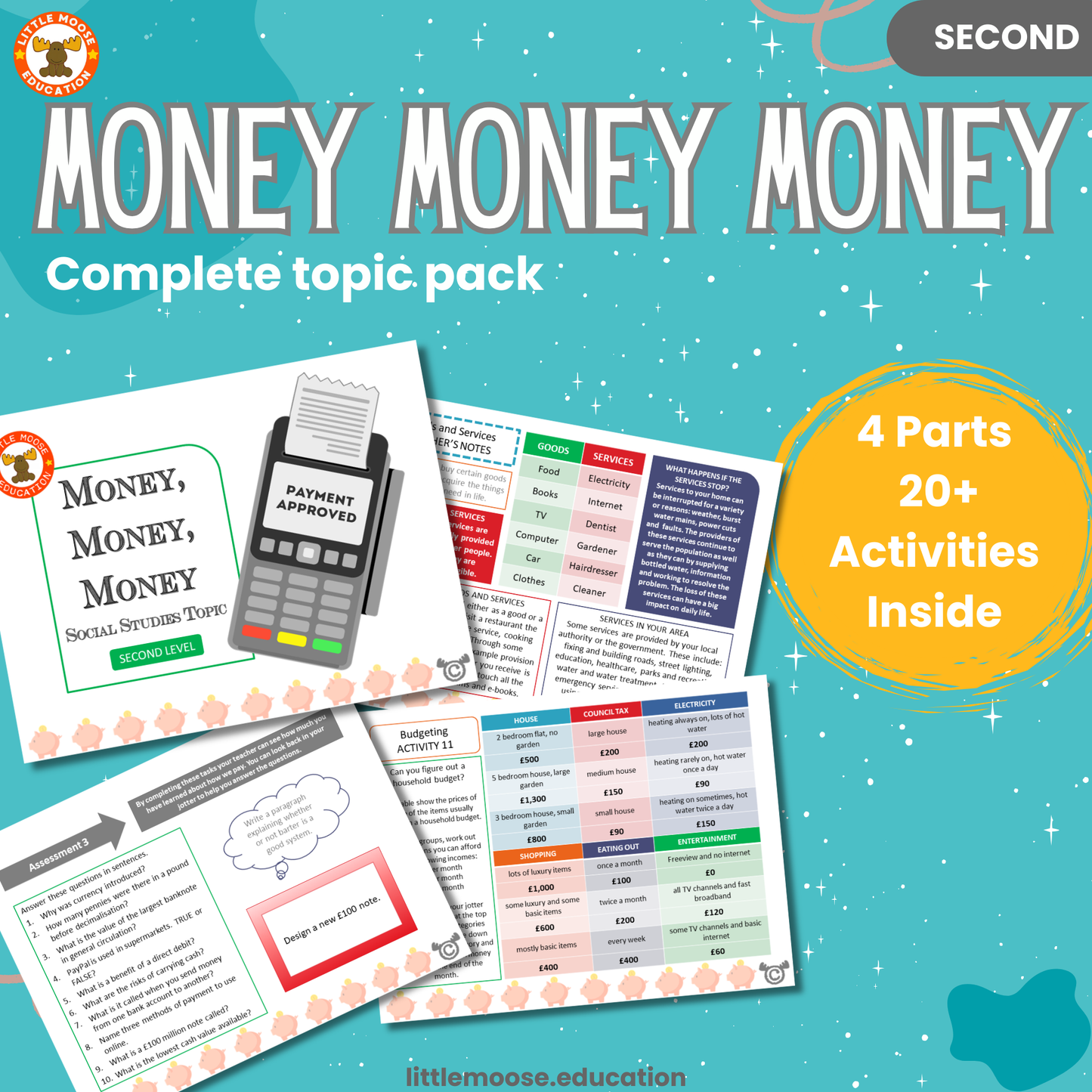 Money, Money, Money complete digital topic pack for Social Studies at Second Level, Curriculum for Excellence money education resource, with illustrated cover design and sample activity pages showing activities, teacher’s notes, assessments, and extension tasks.