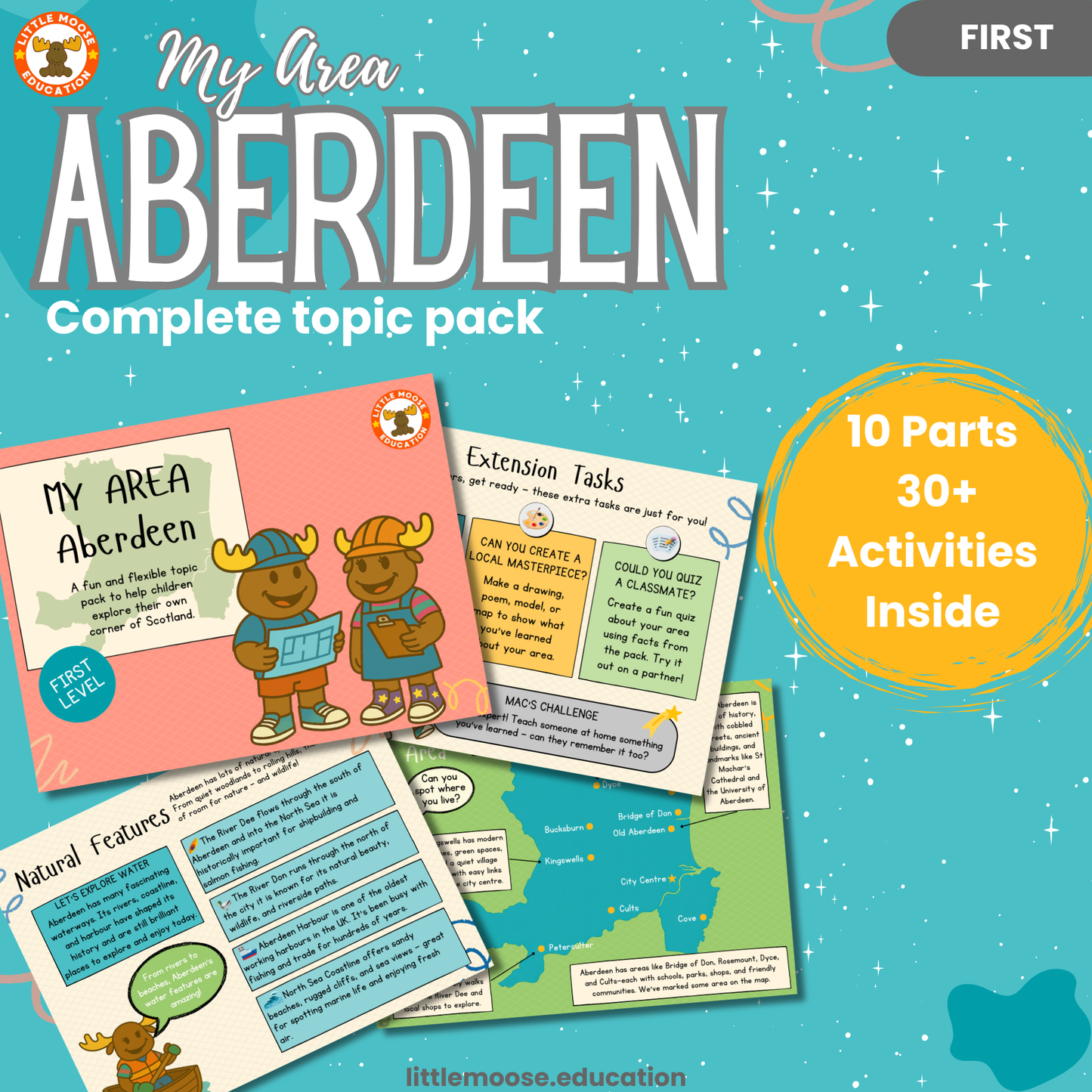 My Area – Aberdeen complete digital topic pack for Social Studies at First Level, Curriculum for Excellence, geography education resource, with illustrated cover design and sample activity pages showing activities, teacher’s notes, map, landmarks, assessment, song, and completion certificate. Mac and Macy Moose guide through the learning.