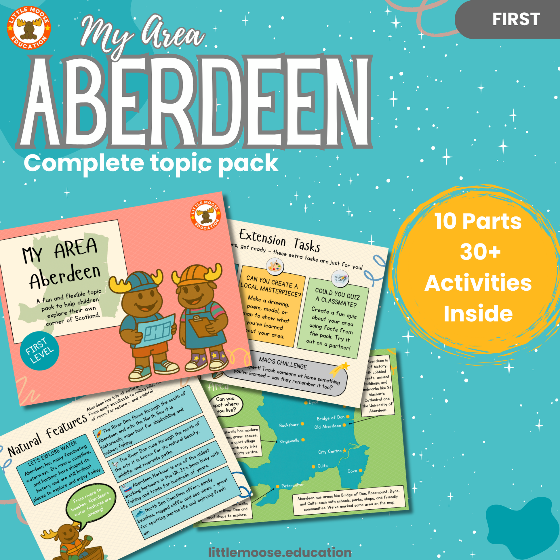 My Area – Aberdeen complete digital topic pack for Social Studies at First Level, Curriculum for Excellence, geography education resource, with illustrated cover design and sample activity pages showing activities, teacher’s notes, map, landmarks, assessment, song, and completion certificate. Mac and Macy Moose guide through the learning.
