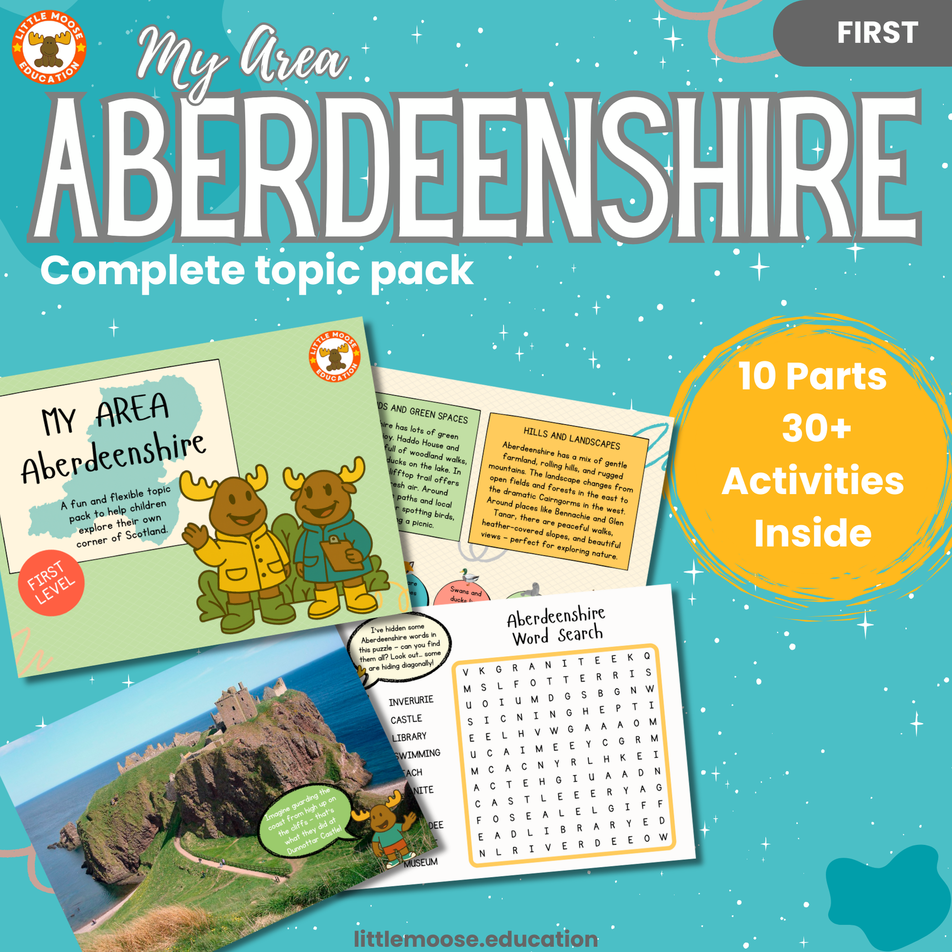 My Area – Aberdeenshire complete digital topic pack for Social Studies at First Level, Curriculum for Excellence geography education resource, with illustrated cover design and sample activity pages showing activities, teacher’s notes, map, landmarks, assessment, song, and completion certificate. Mac and Macy Moose guide through the learning.