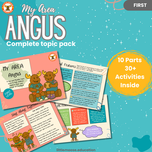 My Area – Angus complete digital topic pack for Social Studies at First Level, Curriculum for Excellence geography education resource, with illustrated cover design and sample activity pages showing activities, teacher’s notes, map, landmarks, assessment, song, and completion certificate. Mac and Macy Moose guide through the learning.