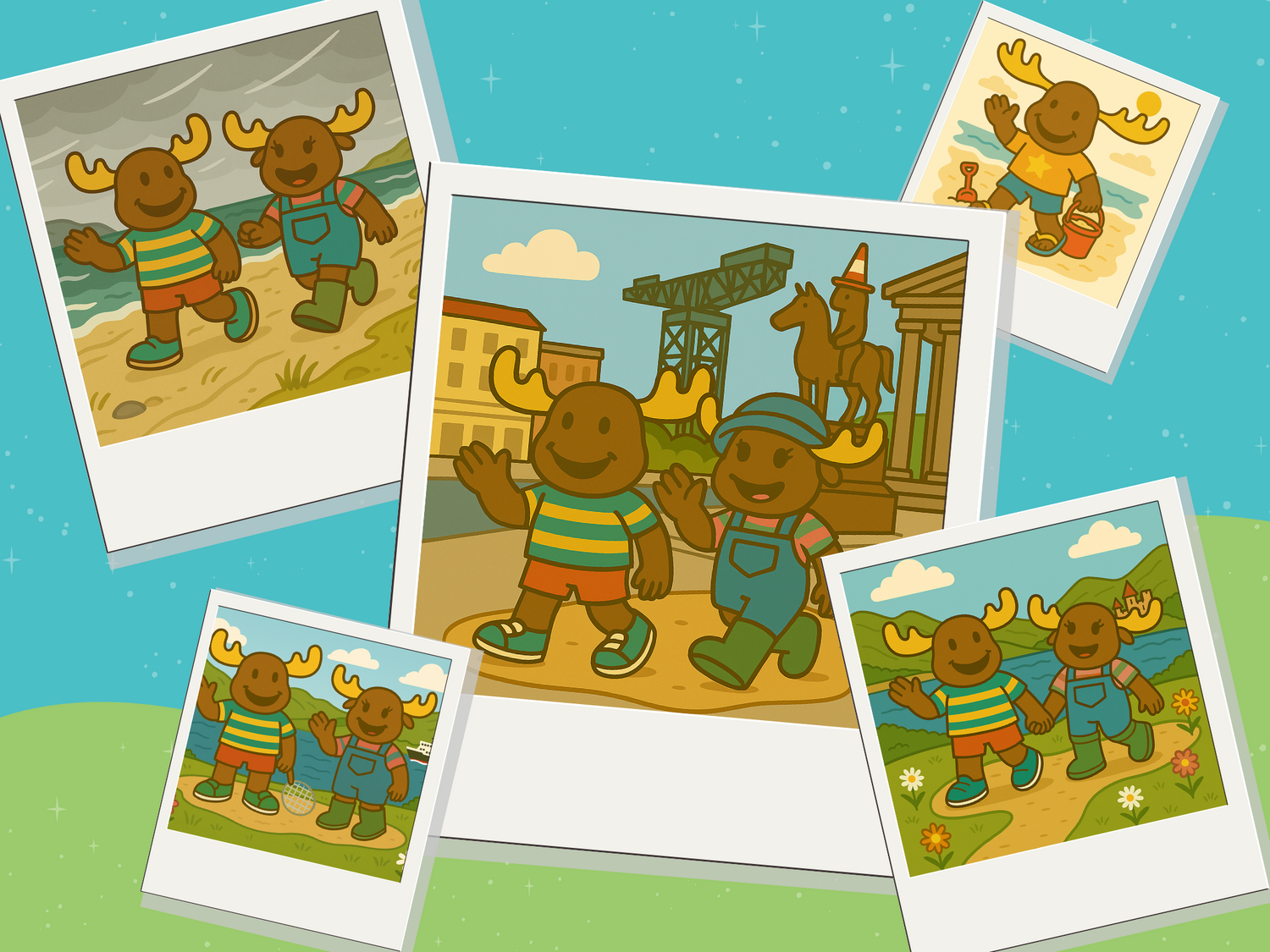 My Area digital collection of topic packs covering all 32 Scottish councils, designed for primary Social Studies and Curriculum for Excellence. Graphic shows Mac and Macy Moose in Polaroid-style photos of Scottish landmarks, countryside, and coastlines.