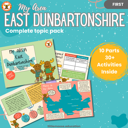My Area – East Dunbartonshire complete digital topic pack for Social Studies at First Level, Curriculum for Excellence geography education resource, with illustrated cover design and sample activity pages showing activities, teacher’s notes, map, landmarks, assessment, song, and completion certificate. Mac and Macy Moose guide through the learning.