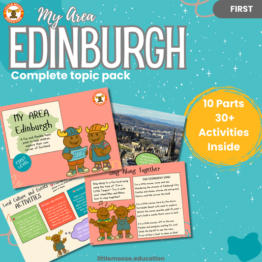 Edinburgh complete digital topic pack for Social Studies at First Level, Curriculum for Excellence geography education resource, with illustrated cover design and sample activity pages showing activities, teacher’s notes, map, landmarks, assessment, song, and completion certificate. Mac and Macy Moose guide through the learning.
