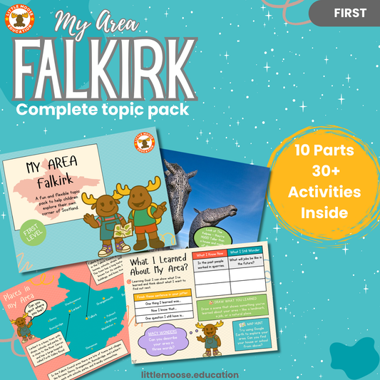 My Area – Falkirk complete digital topic pack for Social Studies at First Level, Curriculum for Excellence geography education resource, with illustrated cover design and sample activity pages showing activities, teacher’s notes, map, landmarks, assessment, song, and completion certificate. Mac and Macy Moose guide through the learning.