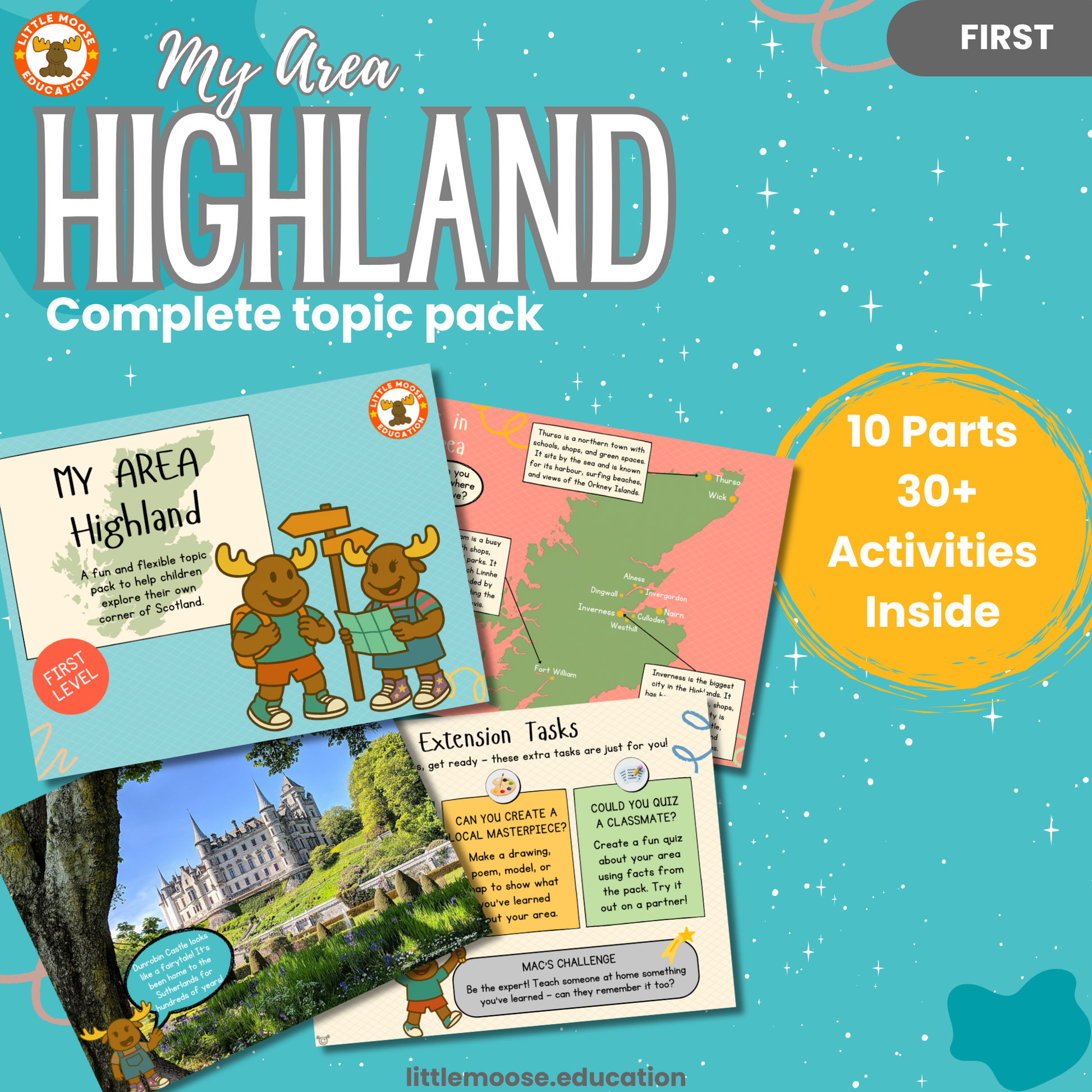 My Area – Highland complete digital topic pack for Social Studies at First Level, Curriculum for Excellence geography education resource, with illustrated cover design and sample activity pages showing activities, teacher’s notes, map, landmarks, assessment, song, and completion certificate. Mac and Macy Moose guide through the learning.