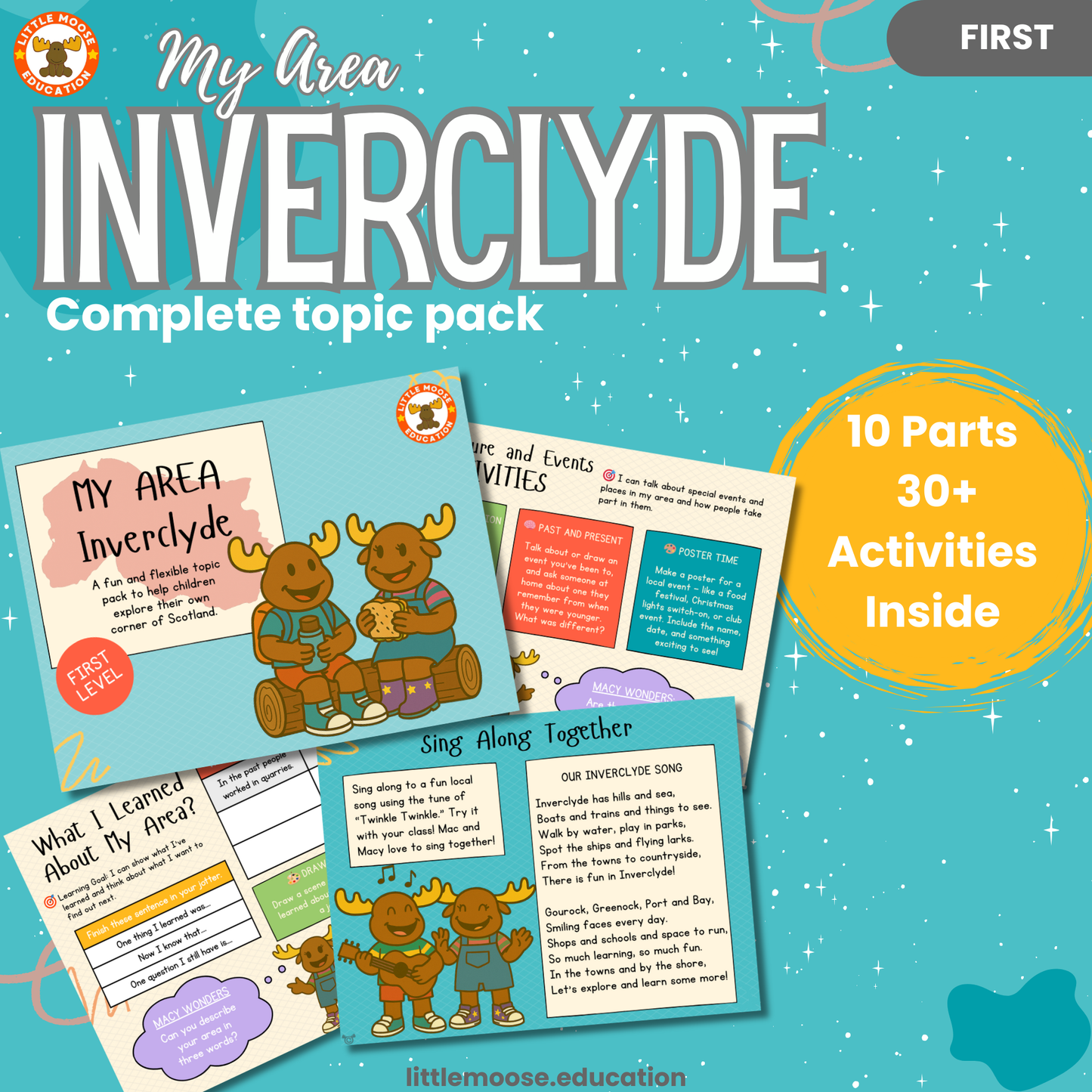 My Area – Inverclyde complete digital topic pack for Social Studies at First Level, Curriculum for Excellence geography education resource, with illustrated cover design and sample activity pages showing activities, teacher’s notes, map, landmarks, assessment, song, and completion certificate. Mac and Macy Moose guide through the learning.