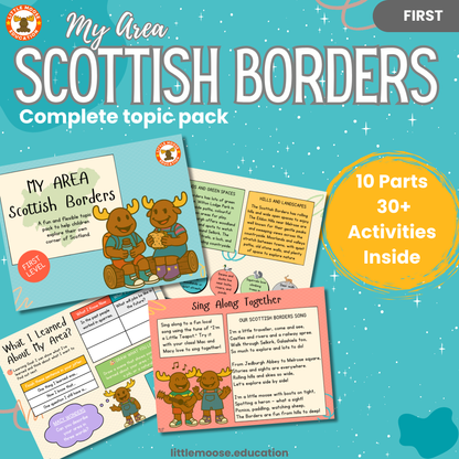 My Area – Scottish Borders complete digital topic pack for Social Studies at First Level, Curriculum for Excellence geography education resource, with illustrated cover design and sample activity pages showing activities, teacher’s notes, map, landmarks, assessment, song, and completion certificate. Mac and Macy Moose guide through the learning.