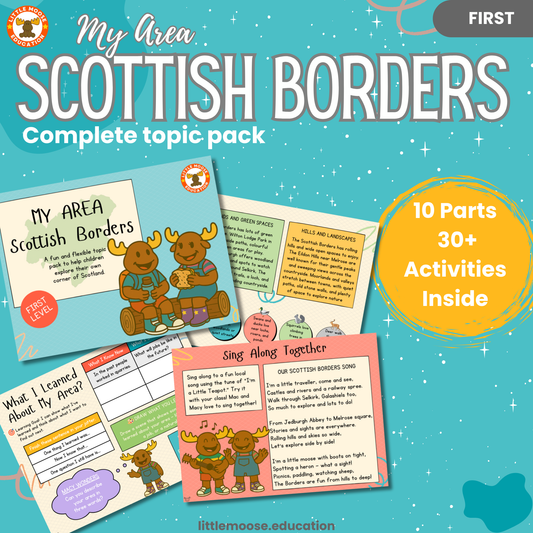 My Area – Scottish Borders complete digital topic pack for Social Studies at First Level, Curriculum for Excellence geography education resource, with illustrated cover design and sample activity pages showing activities, teacher’s notes, map, landmarks, assessment, song, and completion certificate. Mac and Macy Moose guide through the learning.