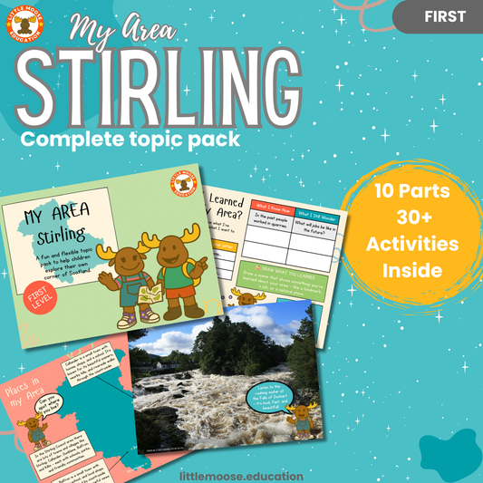 My Area – Stirling complete digital topic pack for Social Studies at First Level, Curriculum for Excellence geography education resource, with illustrated cover design and sample activity pages showing activities, teacher’s notes, map, landmarks, assessment, song, and completion certificate. Mac and Macy Moose guide through the learning.