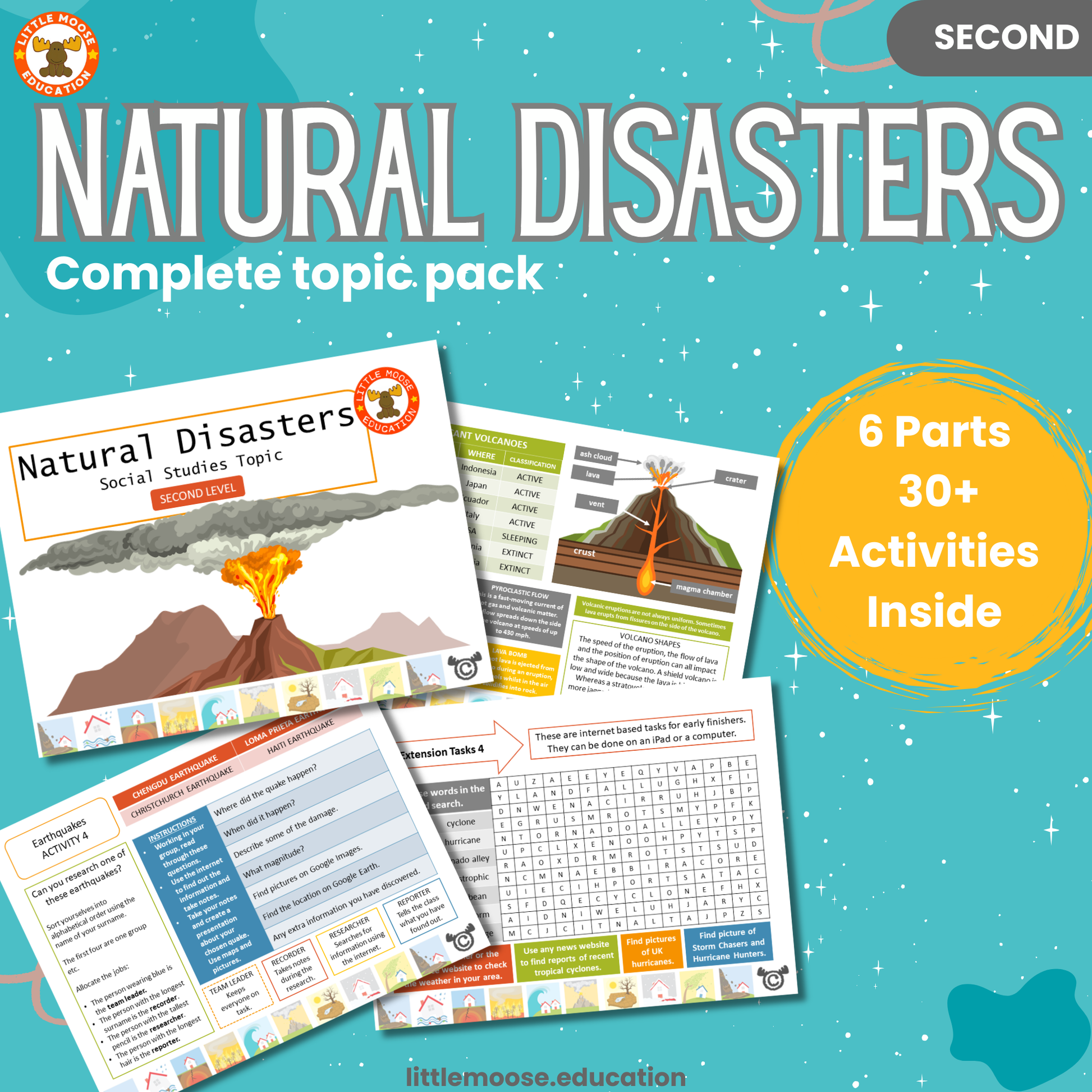 Natural Disasters complete digital topic pack for Social Studies at Second Level, Curriculum for Excellence geography education resource, with illustrated cover design and sample activity pages showing activities, teacher’s notes, assessments, and extension tasks.