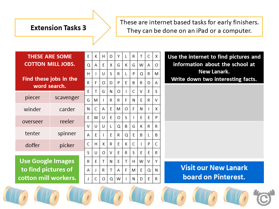 Extension tasks from New Lanark Social Studies pack, First Level