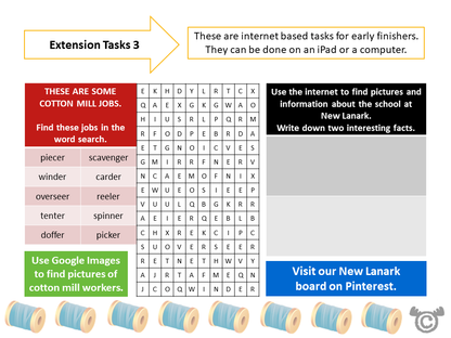 Extension tasks from New Lanark Social Studies pack, First Level