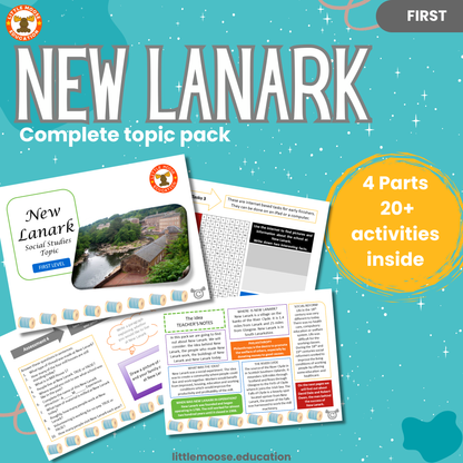 New Lanark complete digital topic pack for Social Studies at First Level, Curriculum for Excellence history education resource, with illustrated cover design and sample activity pages showing activities, teacher’s notes, assessments, and extension tasks.
