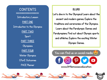 Contents page from Olympics Social Studies pack at Second Level