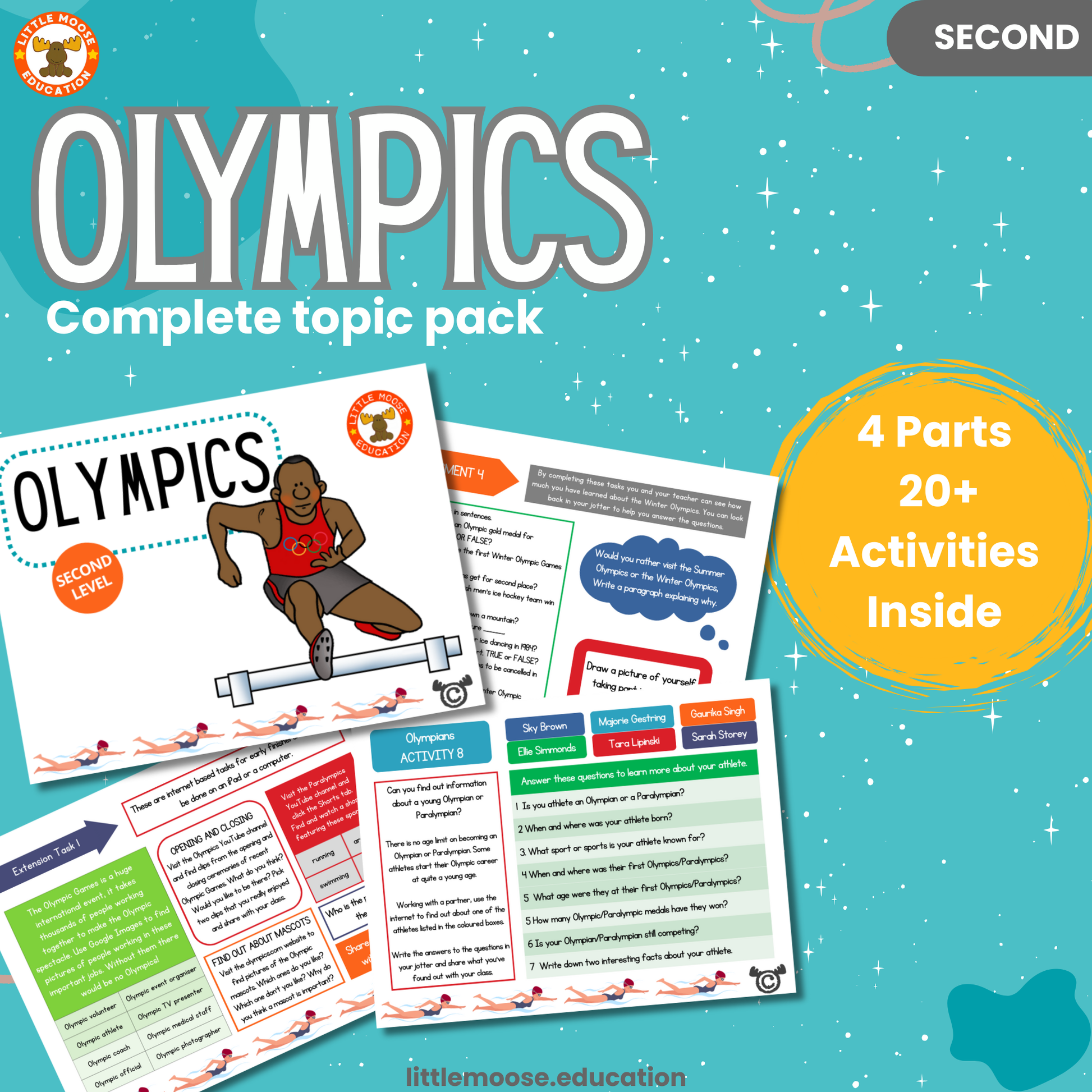 Olympics complete digital topic pack for Social Studies at Second Level, Curriculum for Excellence sport and culture education resource, with illustrated cover design and sample activity pages showing activities, teacher’s notes, assessments, and extension tasks.