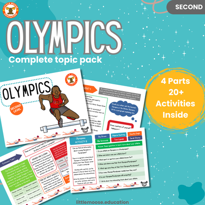 Olympics complete digital topic pack for Social Studies at Second Level, Curriculum for Excellence sport and culture education resource, with illustrated cover design and sample activity pages showing activities, teacher’s notes, assessments, and extension tasks.
