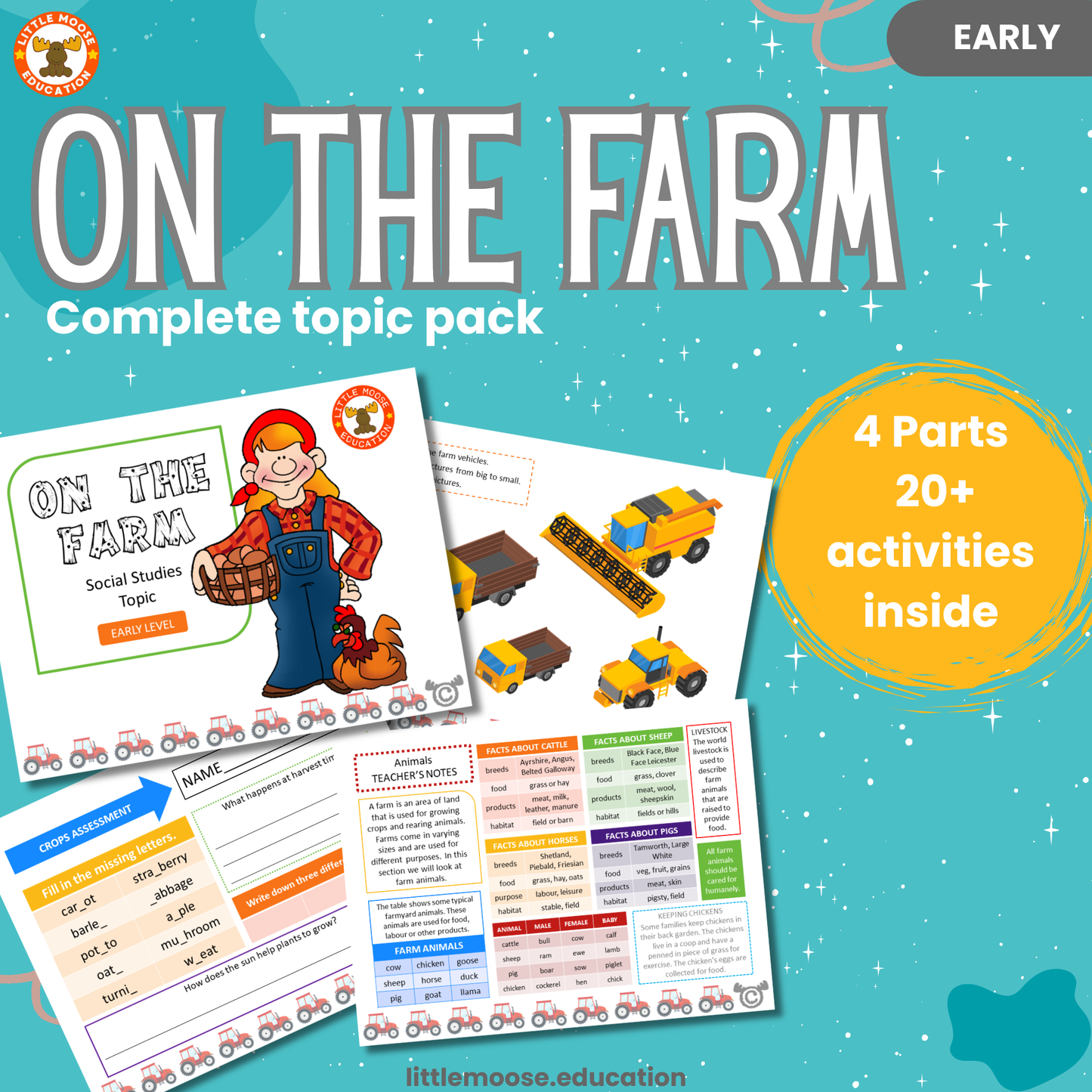 On the Farm complete digital topic pack for Social Studies at Early Level, Curriculum for Excellence nature education resource, with illustrated cover design and sample activity pages showing sorting, drawing, matching, handwriting, teacher’s notes, assessment, and wordsearch.
