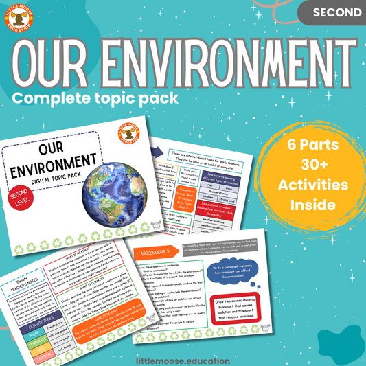 Our Environment complete digital topic pack for Social Studies at Second Level, Curriculum for Excellence environment education resource, with illustrated cover design and sample activity pages showing activities, teacher’s notes, assessments, and extension tasks.