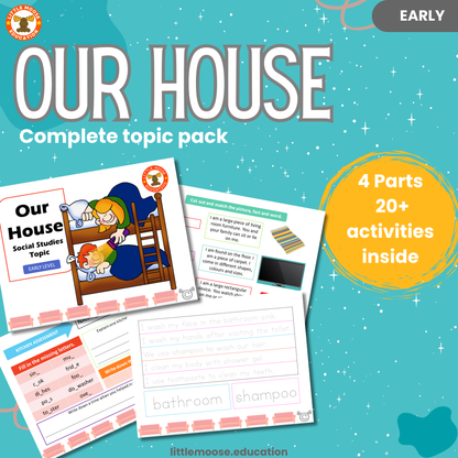 Our House complete digital topic pack for Social Studies at Early Level, Curriculum for Excellence culture education resource, with illustrated cover design and sample activity pages showing sorting, drawing, matching, handwriting, teacher’s notes, assessment, and wordsearch.