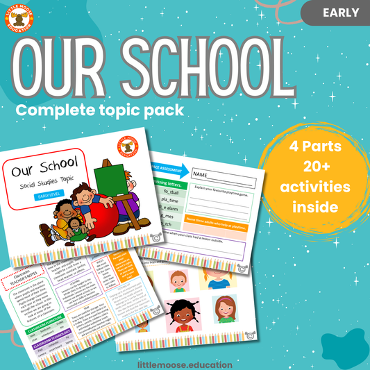 Our School complete digital topic pack for Social Studies at Early Level, Curriculum for Excellence society education resource, with illustrated cover design and sample activity pages showing sorting, drawing, matching, handwriting, teacher’s notes, assessment, and wordsearch.