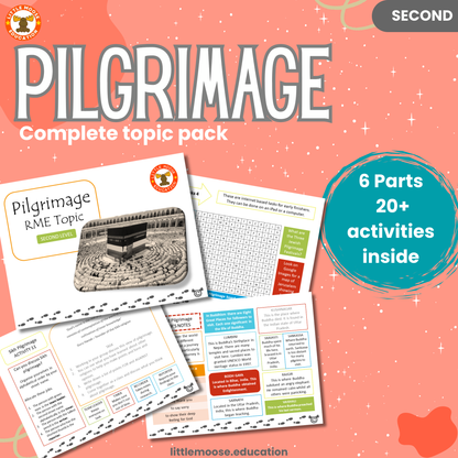 Pilgrimage complete digital topic pack for RME at Second Level, Curriculum for Excellence religion education resource, with illustrated cover design and sample activity pages showing activities, stories, teacher’s notes, assessments, extension tasks, and outcomes.
