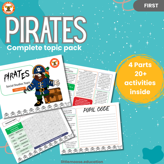 Pirates complete digital topic pack for Social Studies at First Level, Curriculum for Excellence history education resource, with illustrated cover design and sample activity pages showing activities, teacher’s notes, assessments, and extension tasks.