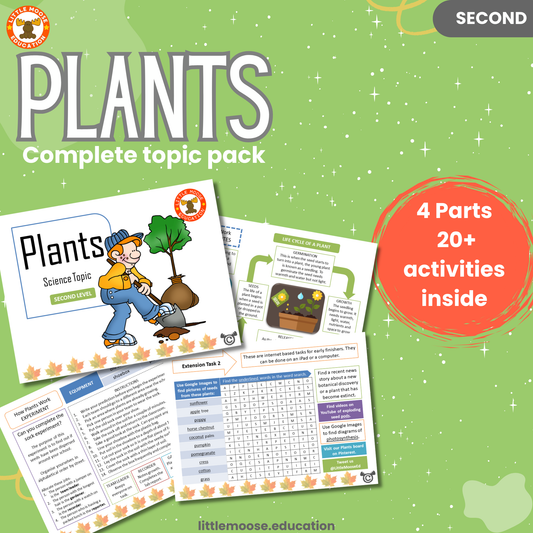 Plants complete digital topic pack for Science at Second Level, Curriculum for Excellence biology and STEM education resource, with illustrated cover design and sample activity pages showing experiments, activities, teacher’s notes, assessments, extension tasks, and outcomes.