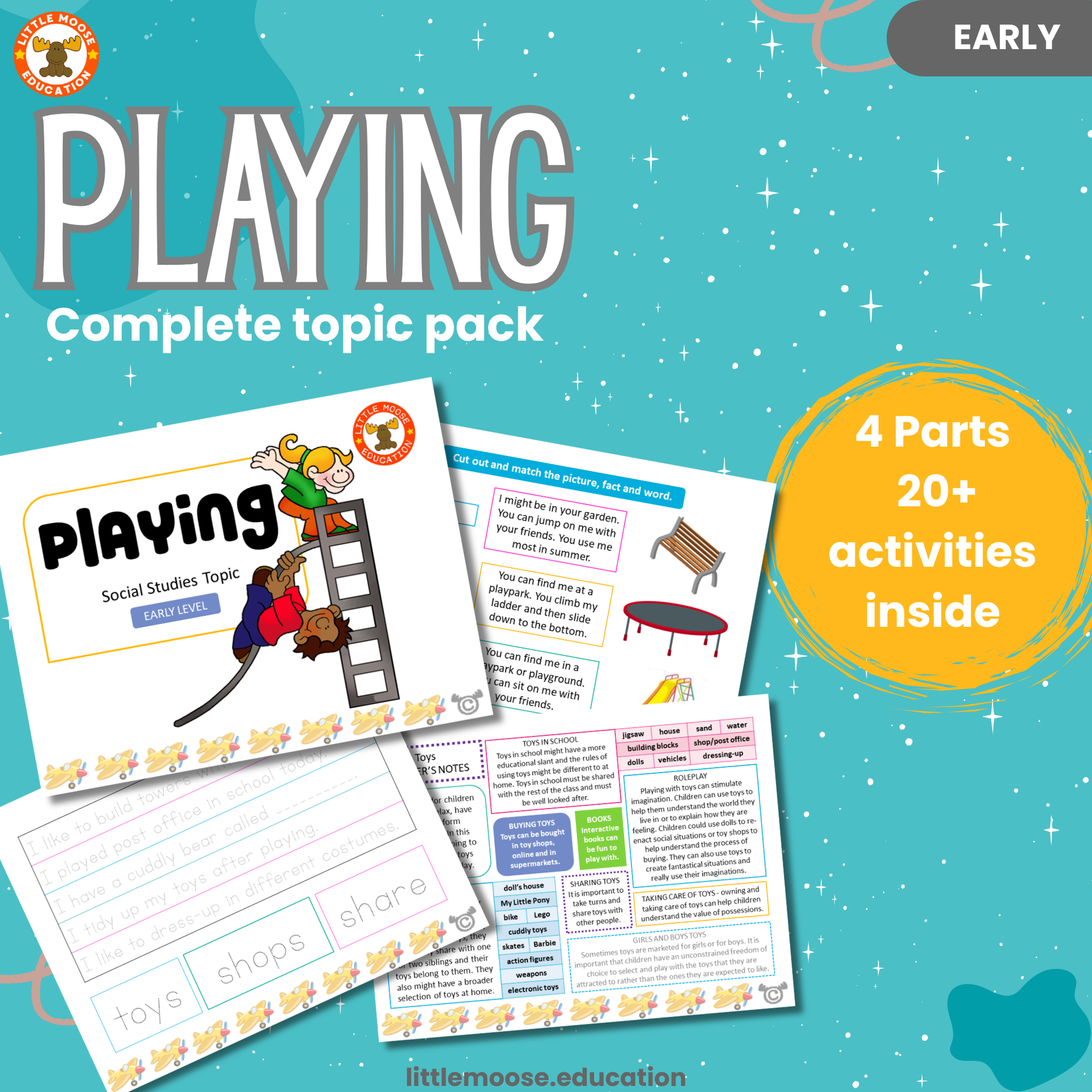 Playing complete digital topic pack for Social Studies at Early Level, Curriculum for Excellence society education resource, with illustrated cover design and sample activity pages showing sorting, drawing, matching, handwriting, teacher’s notes, assessment, and wordsearch.