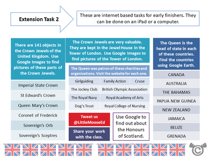 Extension tasks from Queen Elizabeth II Social Studies pack, First Level